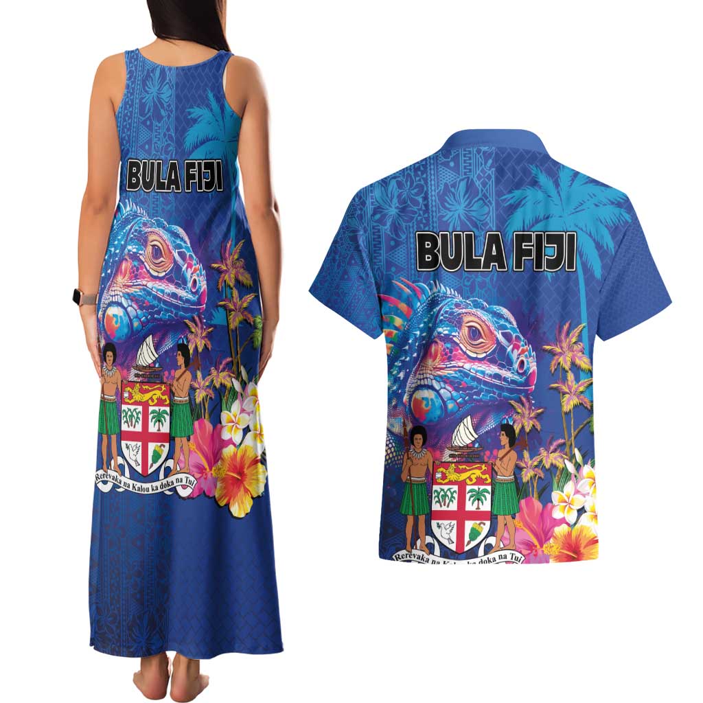Fiji Bula Couples Matching Tank Maxi Dress and Hawaiian Shirt Tropical Plants with Palm Tree and Iguana Colorful