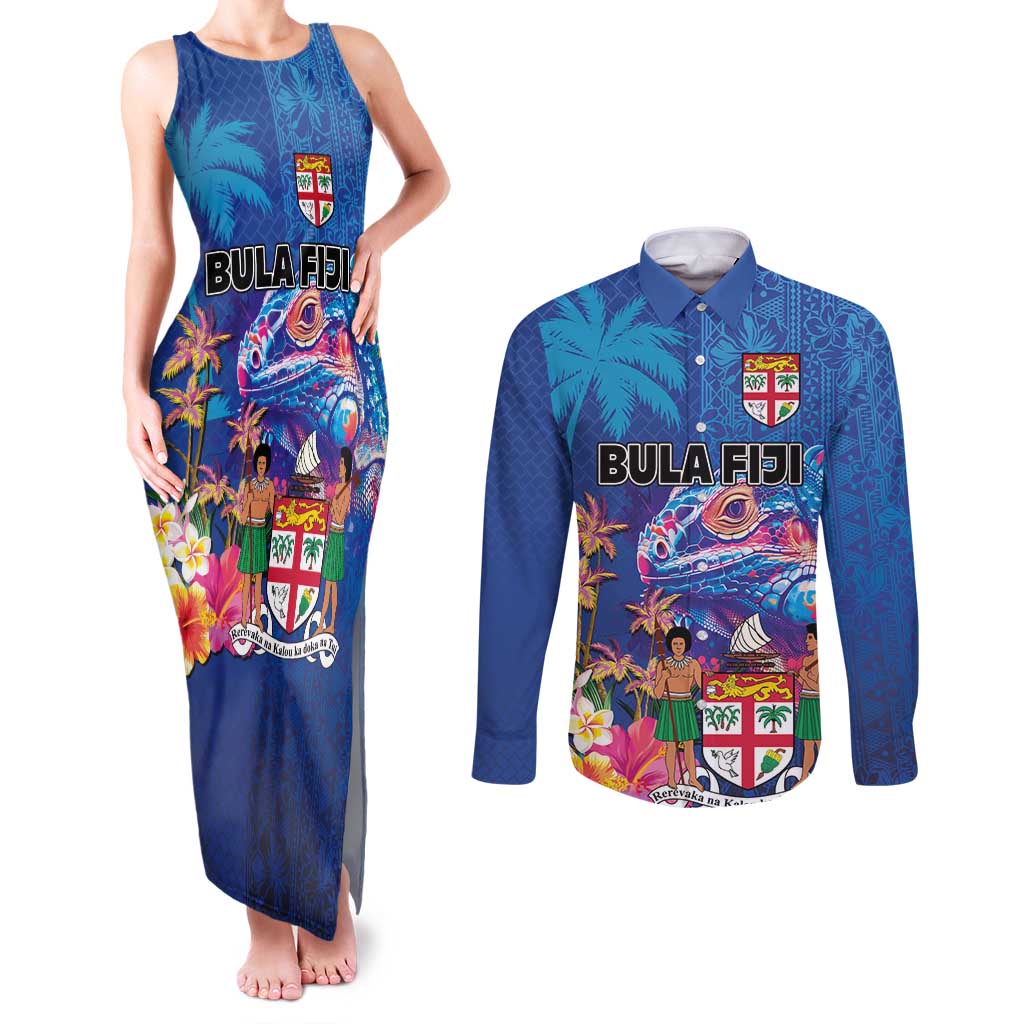 Fiji Bula Couples Matching Tank Maxi Dress and Long Sleeve Button Shirt Tropical Plants with Palm Tree and Iguana Colorful