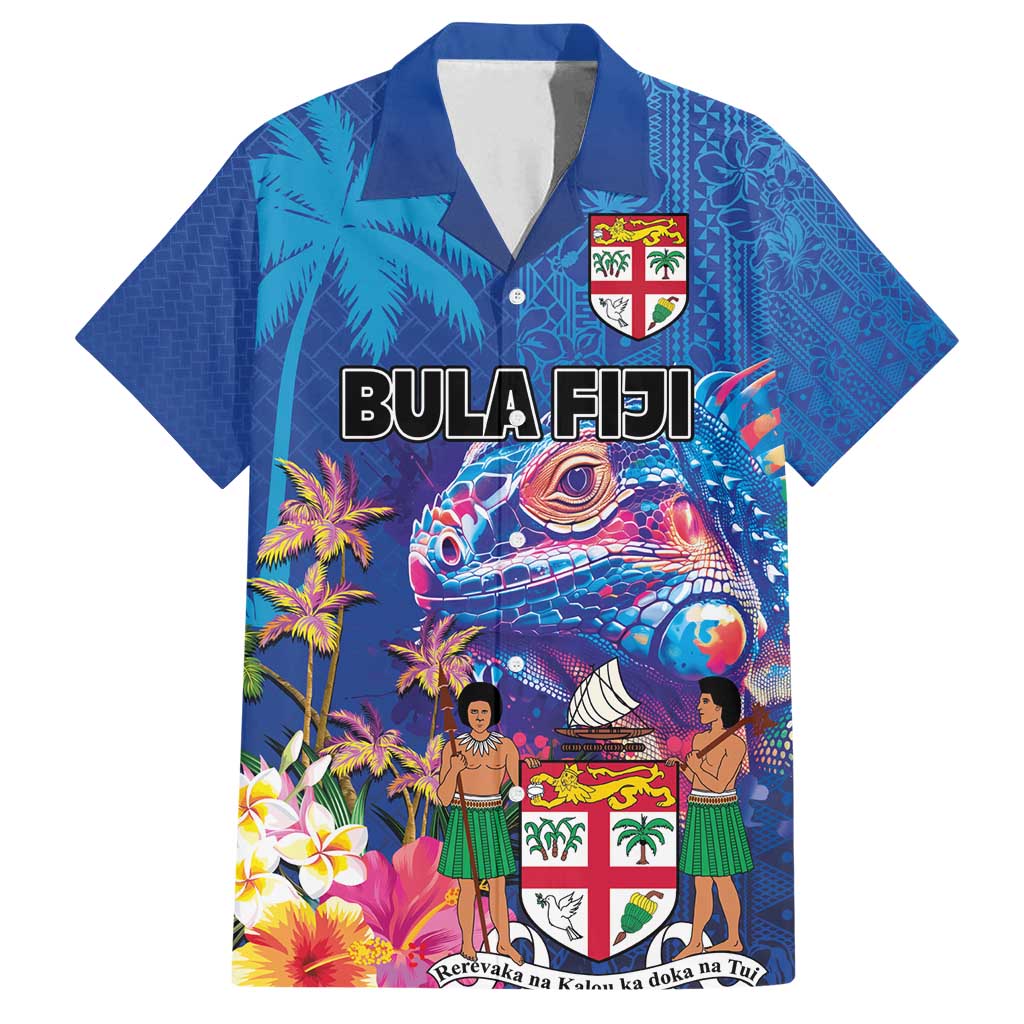 Fiji Bula Family Matching Long Sleeve Bodycon Dress and Hawaiian Shirt Tropical Plants with Palm Tree and Iguana Colorful