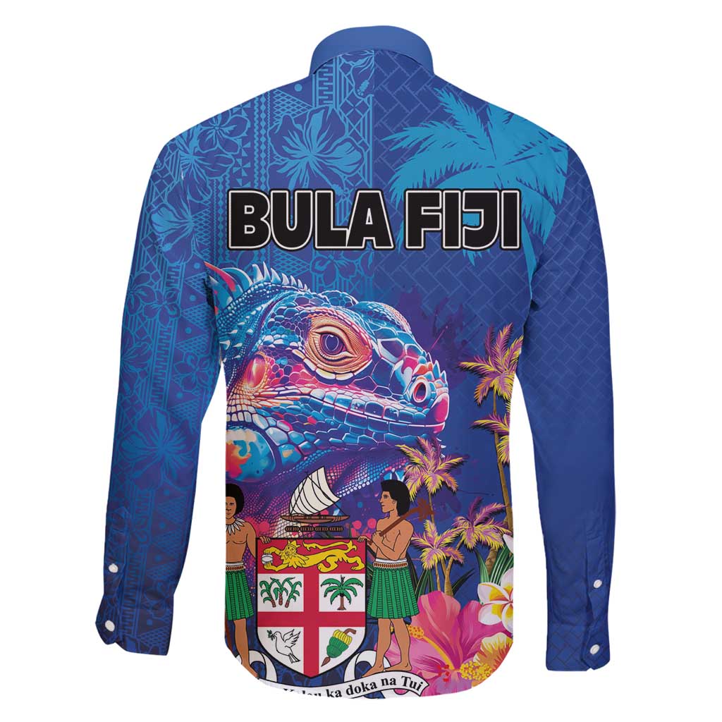 Fiji Bula Family Matching Long Sleeve Bodycon Dress and Hawaiian Shirt Tropical Plants with Palm Tree and Iguana Colorful