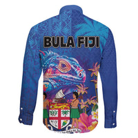Fiji Bula Family Matching Long Sleeve Bodycon Dress and Hawaiian Shirt Tropical Plants with Palm Tree and Iguana Colorful
