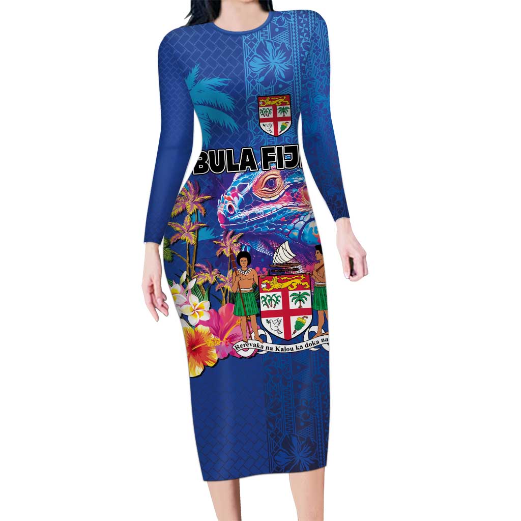 Fiji Bula Family Matching Long Sleeve Bodycon Dress and Hawaiian Shirt Tropical Plants with Palm Tree and Iguana Colorful