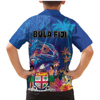 Fiji Bula Family Matching Mermaid Dress and Hawaiian Shirt Tropical Plants with Palm Tree and Iguana Colorful