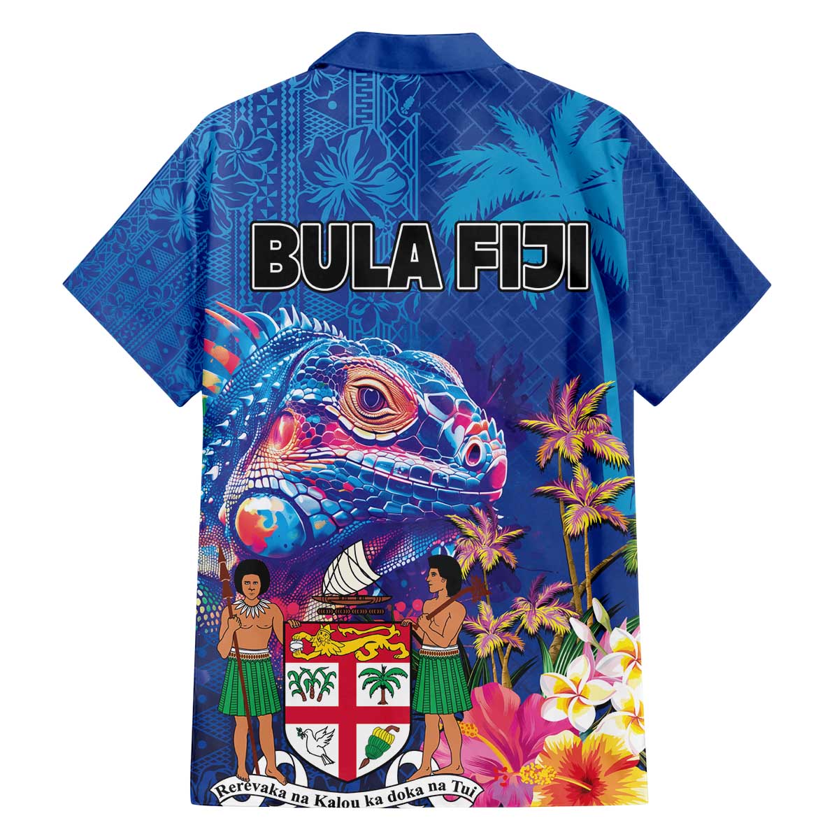 Fiji Bula Family Matching Off The Shoulder Long Sleeve Dress and Hawaiian Shirt Tropical Plants with Palm Tree and Iguana Colorful