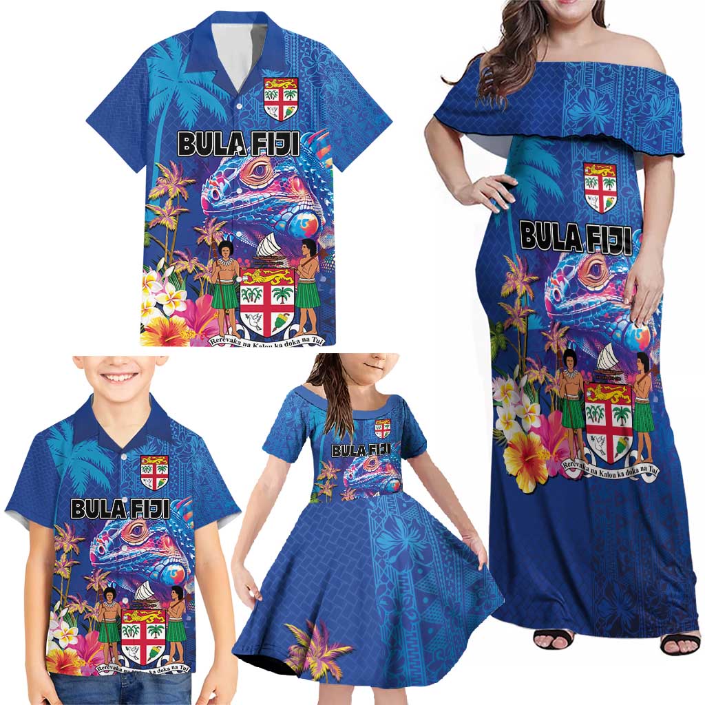 Fiji Bula Family Matching Off Shoulder Maxi Dress and Hawaiian Shirt Tropical Plants with Palm Tree and Iguana Colorful