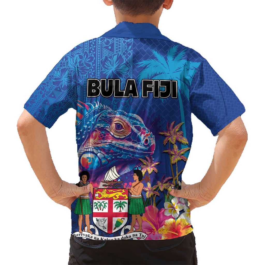 Fiji Bula Family Matching Off Shoulder Short Dress and Hawaiian Shirt Tropical Plants with Palm Tree and Iguana Colorful