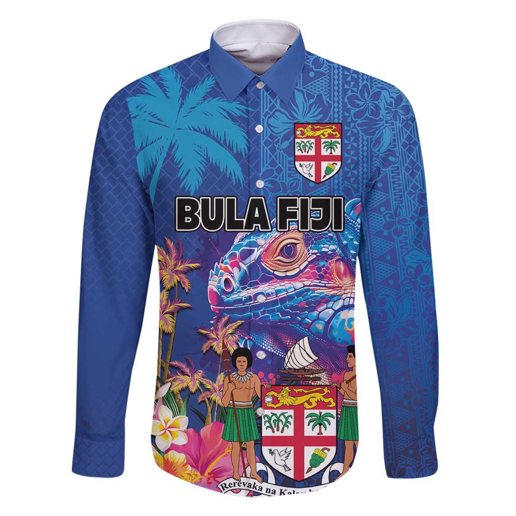 Fiji Bula Family Matching Off Shoulder Short Dress and Hawaiian Shirt Tropical Plants with Palm Tree and Iguana Colorful