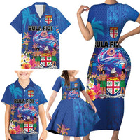 Fiji Bula Family Matching Short Sleeve Bodycon Dress and Hawaiian Shirt Tropical Plants with Palm Tree and Iguana Colorful