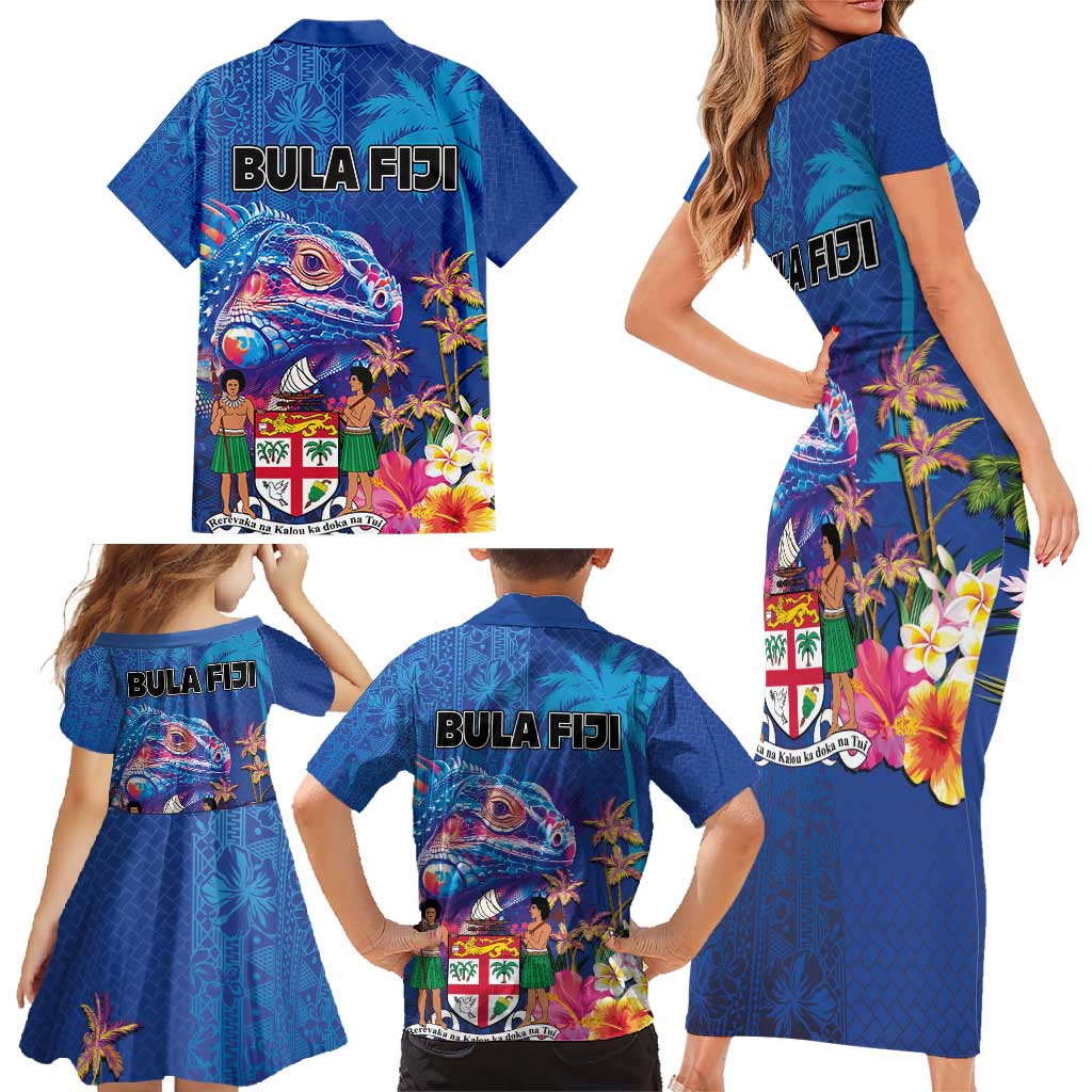 Fiji Bula Family Matching Short Sleeve Bodycon Dress and Hawaiian Shirt Tropical Plants with Palm Tree and Iguana Colorful