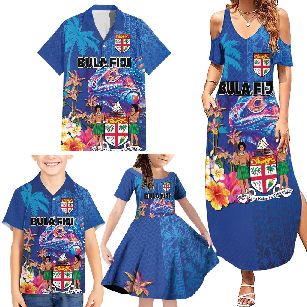 Fiji Bula Family Matching Summer Maxi Dress and Hawaiian Shirt Tropical Plants with Palm Tree and Iguana Colorful