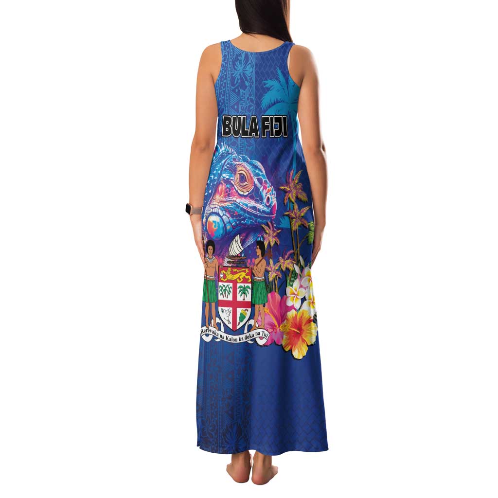 Fiji Bula Family Matching Tank Maxi Dress and Hawaiian Shirt Tropical Plants with Palm Tree and Iguana Colorful