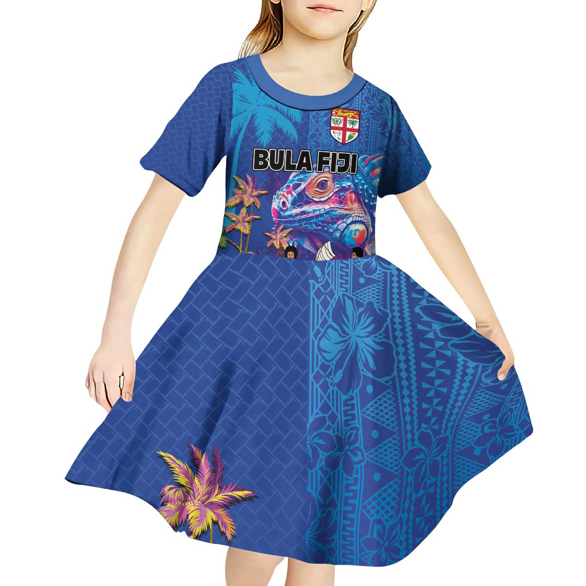 Fiji Bula Kid Short Sleeve Dress Tropical Plants with Palm Tree and Iguana Colorful
