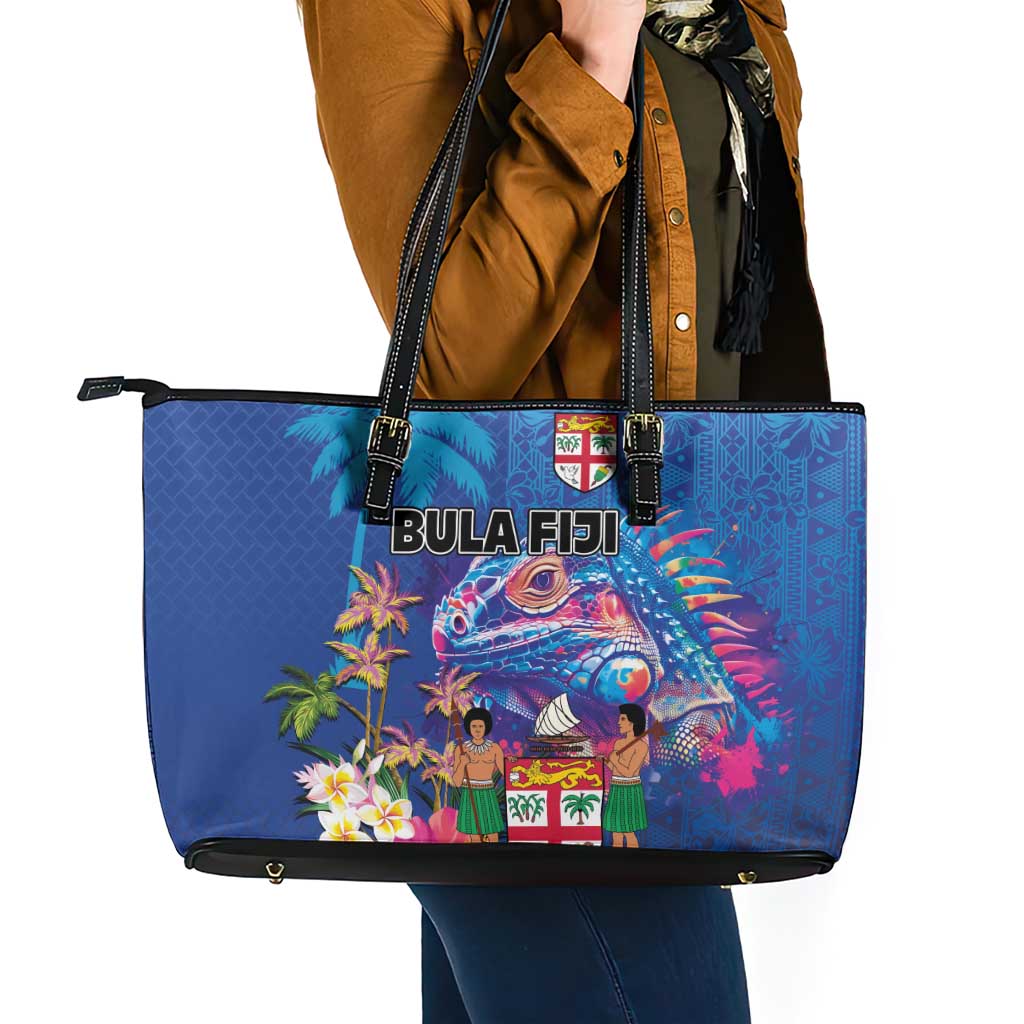 Fiji Bula Leather Tote Bag Tropical Plants with Palm Tree and Iguana Colorful