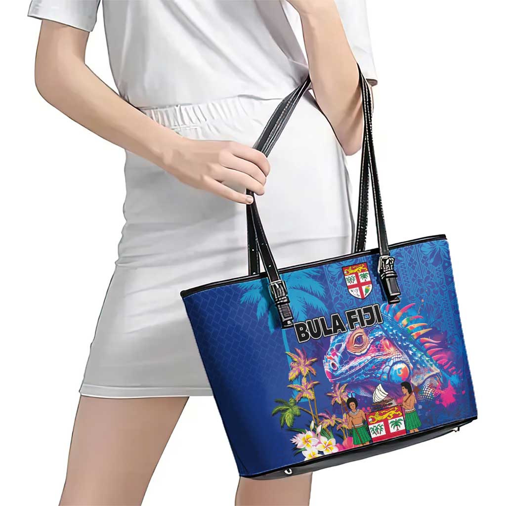 Fiji Bula Leather Tote Bag Tropical Plants with Palm Tree and Iguana Colorful