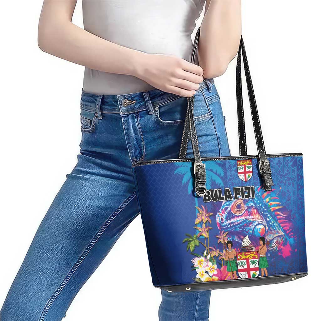 Fiji Bula Leather Tote Bag Tropical Plants with Palm Tree and Iguana Colorful