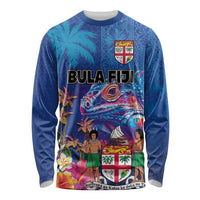 Fiji Bula Long Sleeve Shirt Tropical Plants with Palm Tree and Iguana Colorful