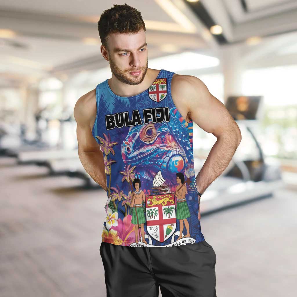 Fiji Bula Men Tank Top Tropical Plants with Palm Tree and Iguana Colorful