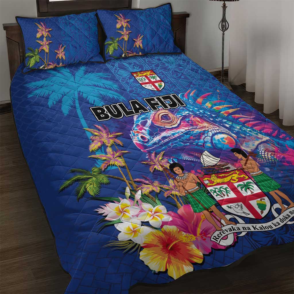 Fiji Bula Quilt Bed Set Tropical Plants with Palm Tree and Iguana Colorful