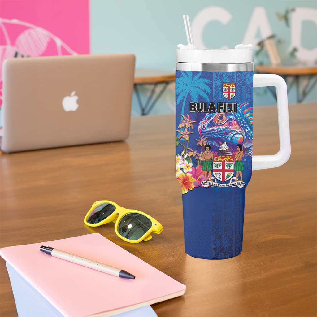 Fiji Bula Tumbler With Handle Tropical Plants with Palm Tree and Iguana Colorful