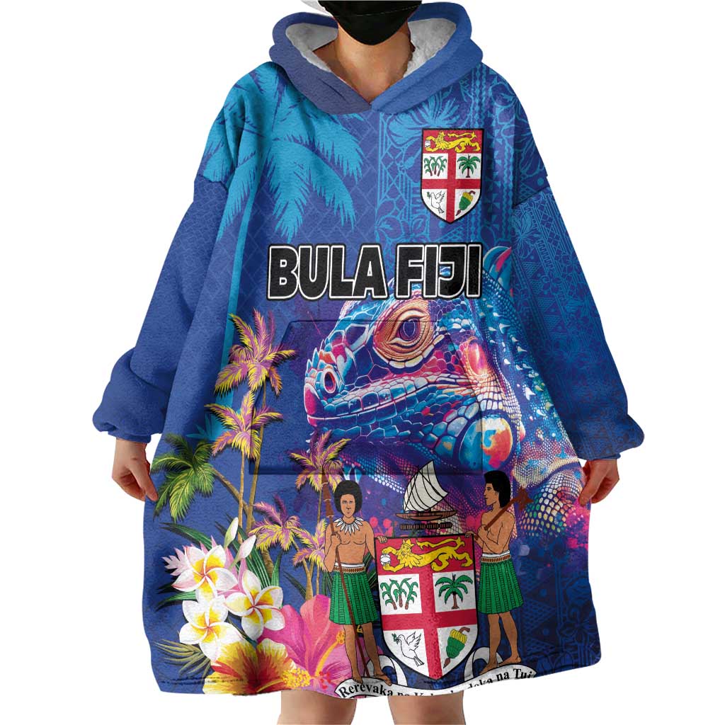 Fiji Bula Wearable Blanket Hoodie Tropical Plants with Palm Tree and Iguana Colorful