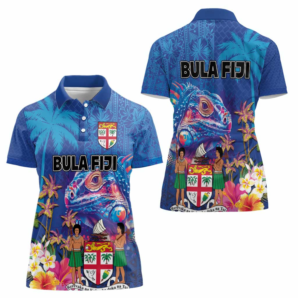 Fiji Bula Women Polo Shirt Tropical Plants with Palm Tree and Iguana Colorful