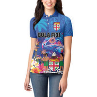 Fiji Bula Women Polo Shirt Tropical Plants with Palm Tree and Iguana Colorful