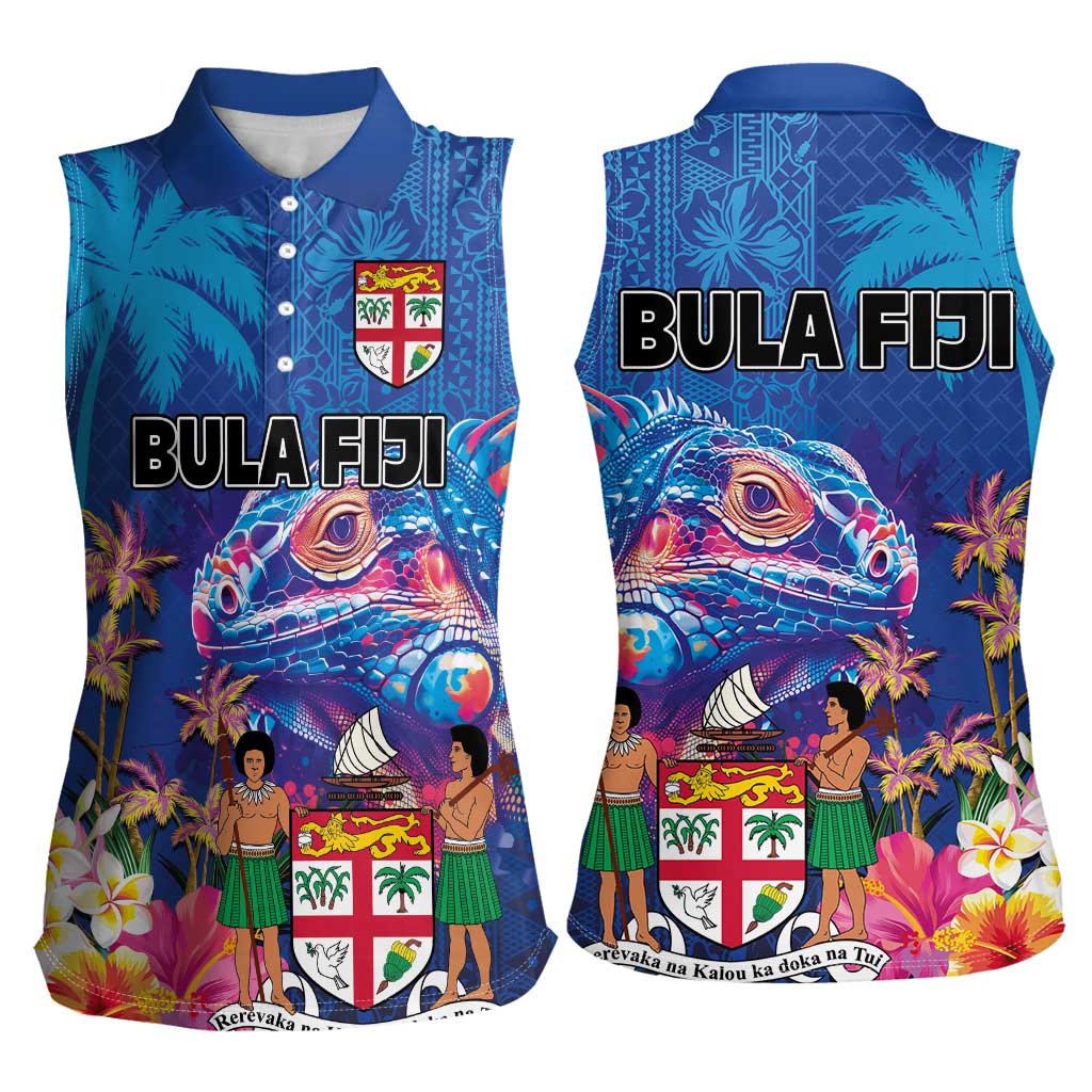 Fiji Bula Women Sleeveless Polo Shirt Tropical Plants with Palm Tree and Iguana Colorful