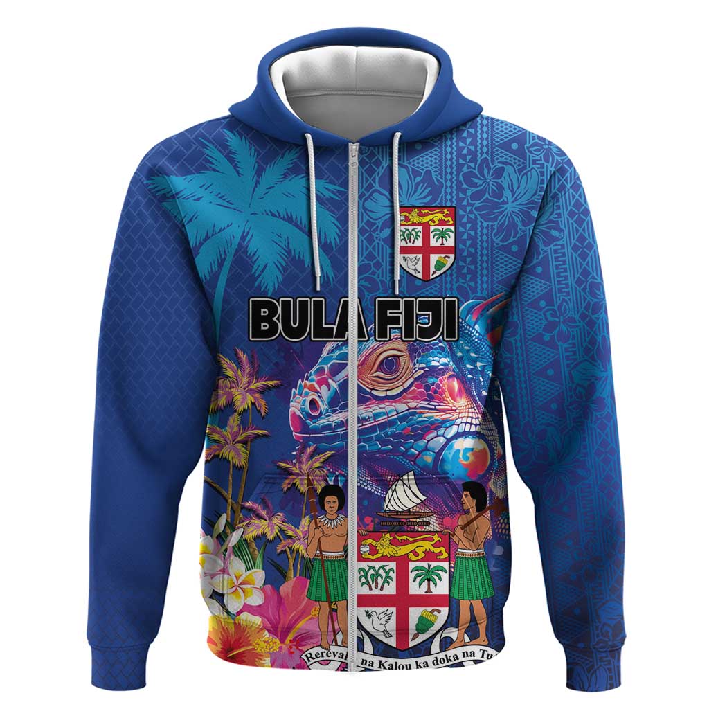 Fiji Bula Zip Hoodie Tropical Plants with Palm Tree and Iguana Colorful LT03 Zip Hoodie Blue - Polynesian Pride