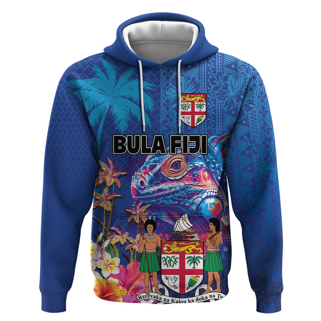 Fiji Bula Zip Hoodie Tropical Plants with Palm Tree and Iguana Colorful LT03 Pullover Hoodie Blue - Polynesian Pride