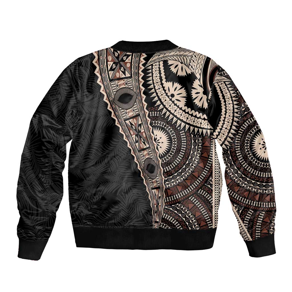 Fiji Traditional Masi Bomber Jacket Tapa Art Palm Leaves Pattern