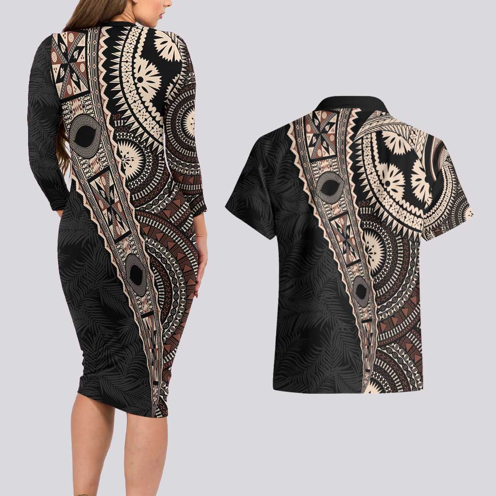 Fiji Traditional Masi Couples Matching Long Sleeve Bodycon Dress and Hawaiian Shirt Tapa Art Palm Leaves Pattern