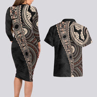 Fiji Traditional Masi Couples Matching Long Sleeve Bodycon Dress and Hawaiian Shirt Tapa Art Palm Leaves Pattern