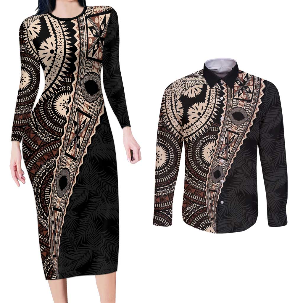 Fiji Traditional Masi Couples Matching Long Sleeve Bodycon Dress and Long Sleeve Button Shirt Tapa Art Palm Leaves Pattern