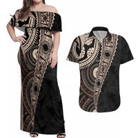 Fiji Traditional Masi Couples Matching Off Shoulder Maxi Dress and Hawaiian Shirt Tapa Art Palm Leaves Pattern