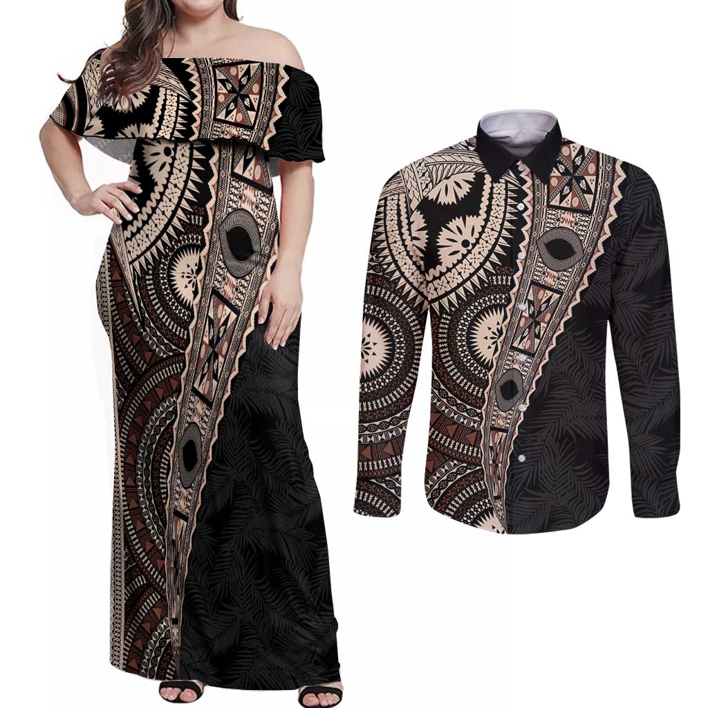 Fiji Traditional Masi Couples Matching Off Shoulder Maxi Dress and Long Sleeve Button Shirt Tapa Art Palm Leaves Pattern