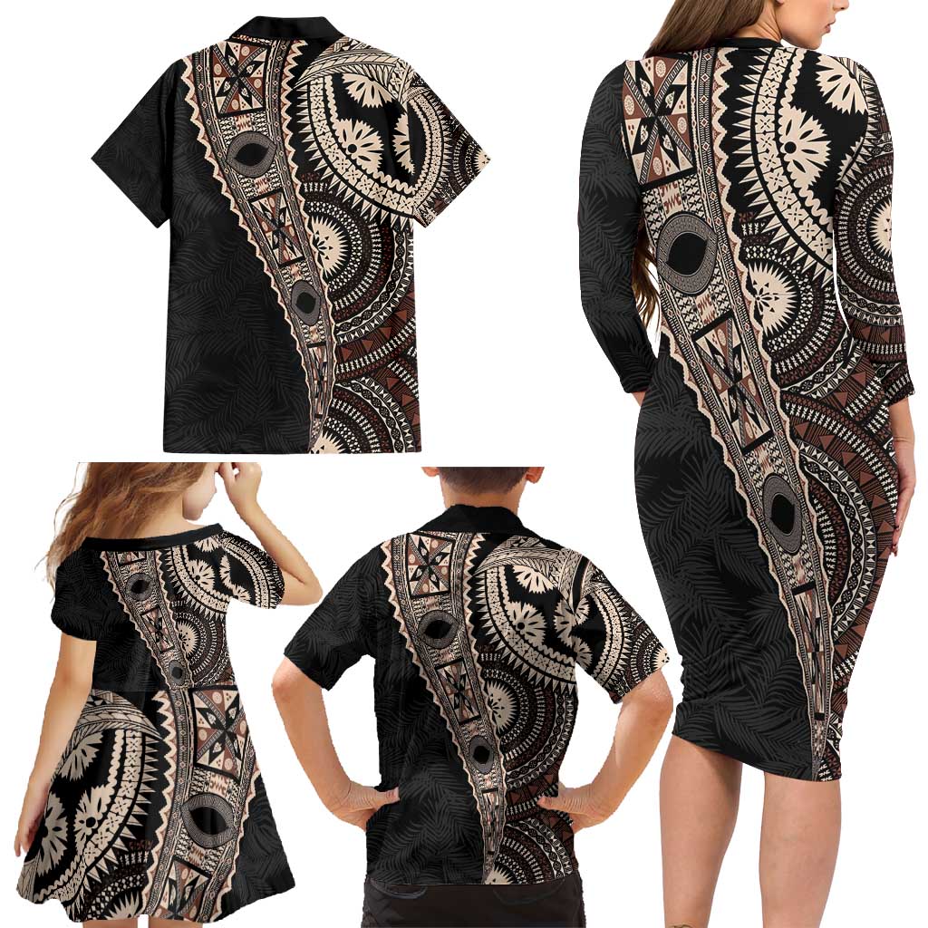 Fiji Traditional Masi Family Matching Long Sleeve Bodycon Dress and Hawaiian Shirt Tapa Art Palm Leaves Pattern