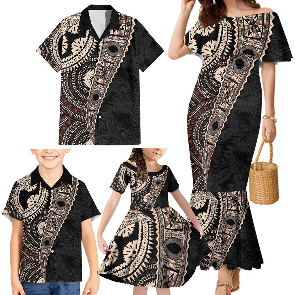 Fiji Traditional Masi Family Matching Mermaid Dress and Hawaiian Shirt Tapa Art Palm Leaves Pattern