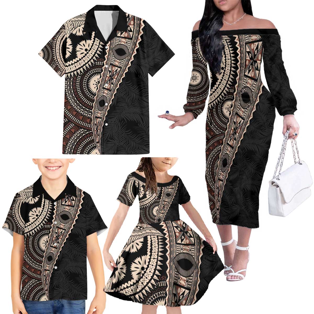 Fiji Traditional Masi Family Matching Off The Shoulder Long Sleeve Dress and Hawaiian Shirt Tapa Art Palm Leaves Pattern
