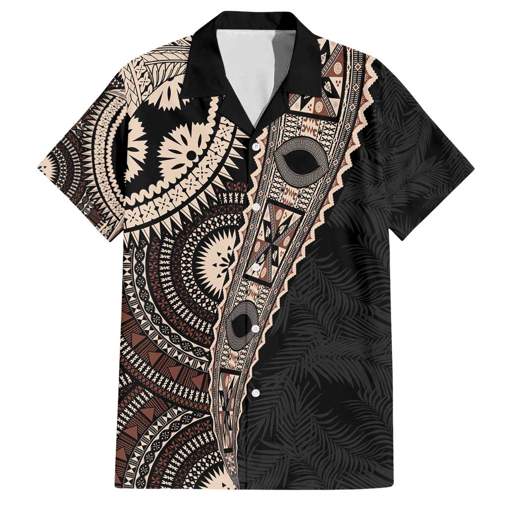 Fiji Traditional Masi Family Matching Off Shoulder Maxi Dress and Hawaiian Shirt Tapa Art Palm Leaves Pattern