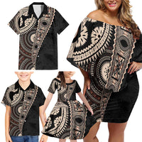 Fiji Traditional Masi Family Matching Off Shoulder Short Dress and Hawaiian Shirt Tapa Art Palm Leaves Pattern