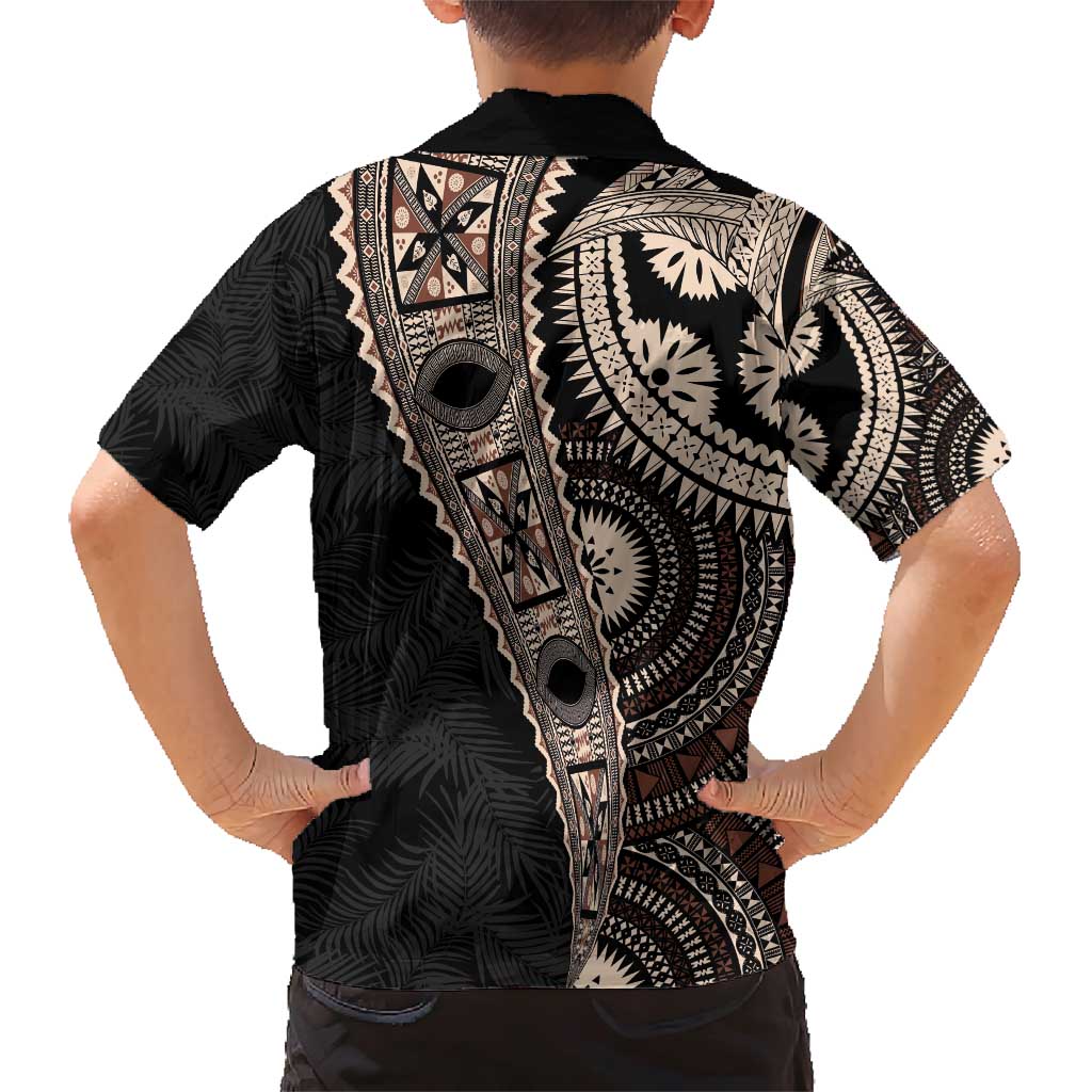 Fiji Traditional Masi Family Matching Short Sleeve Bodycon Dress and Hawaiian Shirt Tapa Art Palm Leaves Pattern