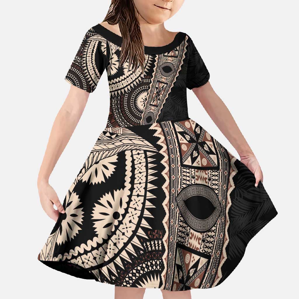 Fiji Traditional Masi Family Matching Short Sleeve Bodycon Dress and Hawaiian Shirt Tapa Art Palm Leaves Pattern