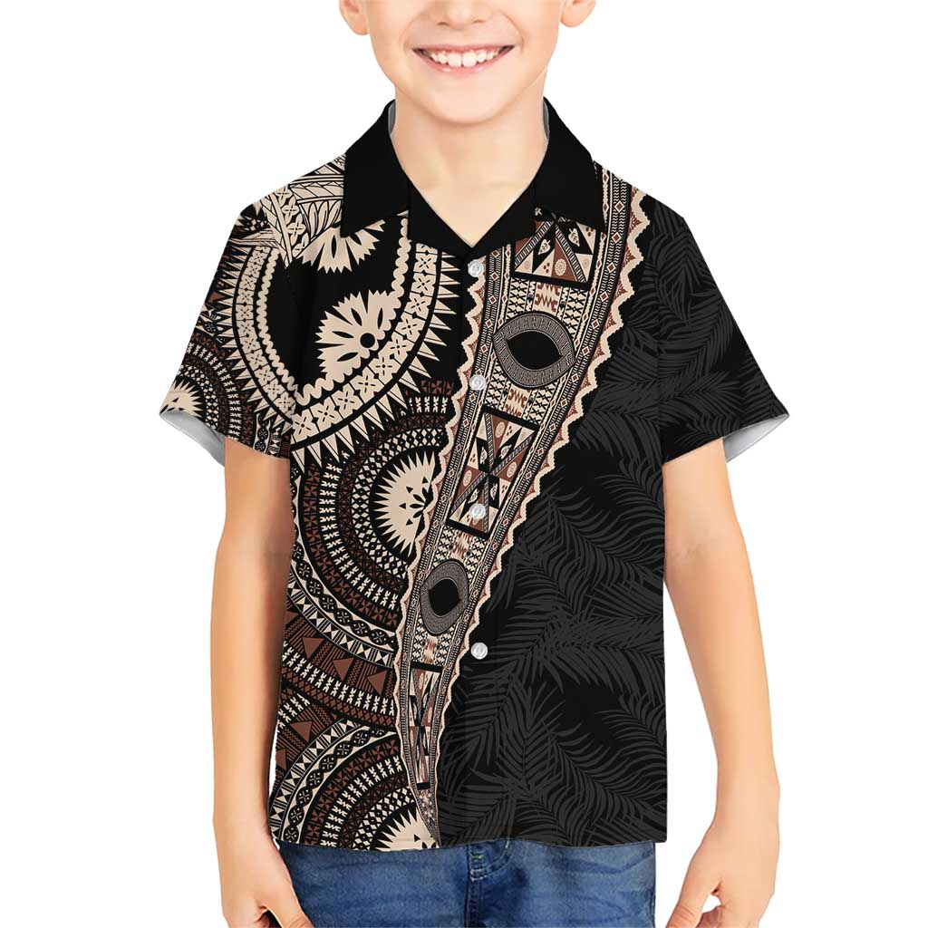 Fiji Traditional Masi Family Matching Short Sleeve Bodycon Dress and Hawaiian Shirt Tapa Art Palm Leaves Pattern