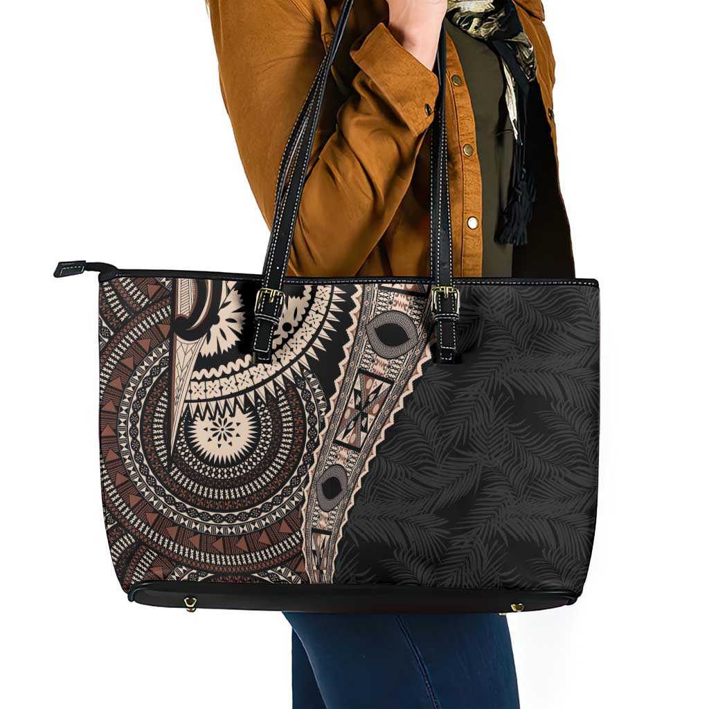 Fiji Traditional Masi Leather Tote Bag Tapa Art Palm Leaves Pattern LT03 - Polynesian Pride
