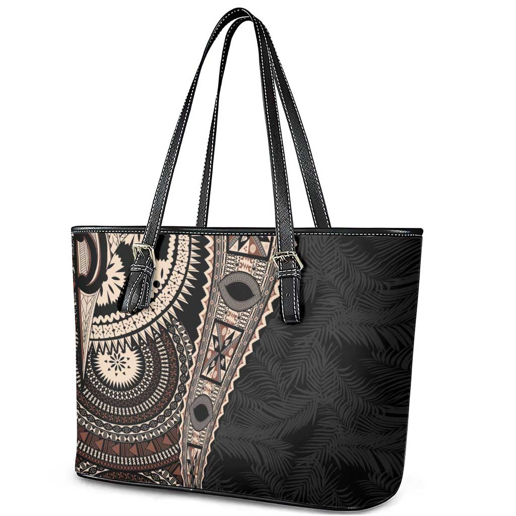 Fiji Traditional Masi Leather Tote Bag Tapa Art Palm Leaves Pattern LT03 - Polynesian Pride