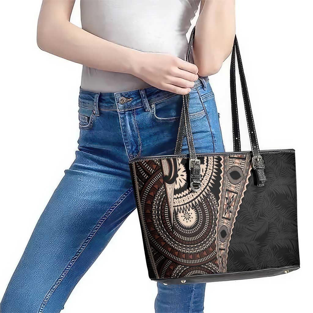 Fiji Traditional Masi Leather Tote Bag Tapa Art Palm Leaves Pattern LT03 - Polynesian Pride