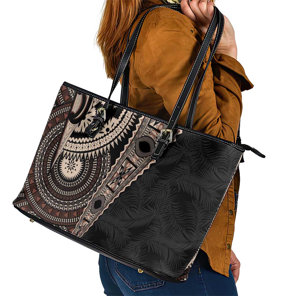 Fiji Traditional Masi Leather Tote Bag Tapa Art Palm Leaves Pattern LT03 - Polynesian Pride