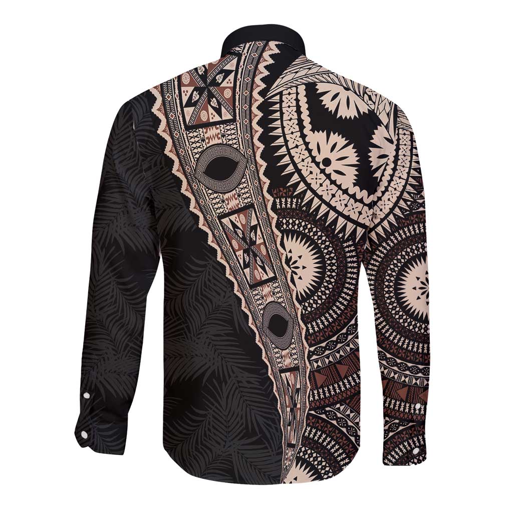 Fiji Traditional Masi Long Sleeve Button Shirt Tapa Art Palm Leaves Pattern