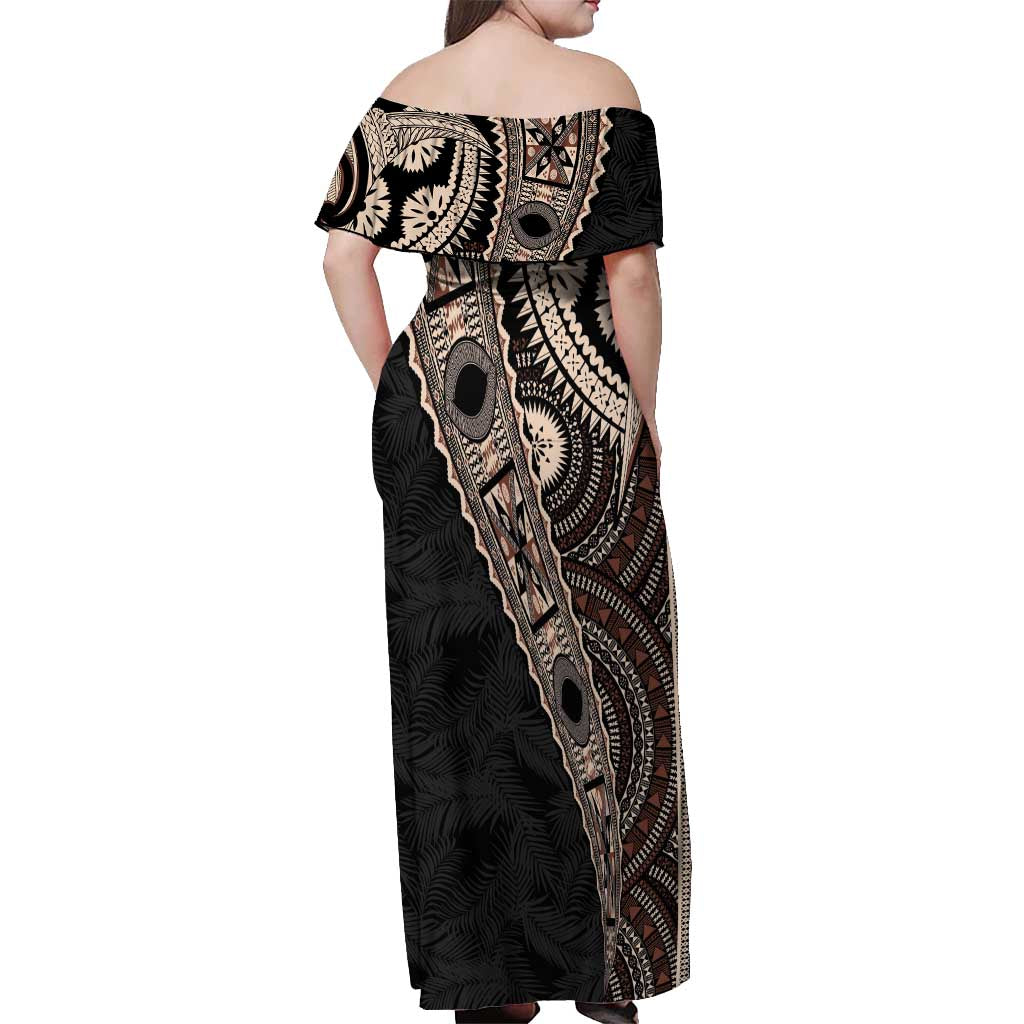 Fiji Traditional Masi Off Shoulder Maxi Dress Tapa Art Palm Leaves Pattern
