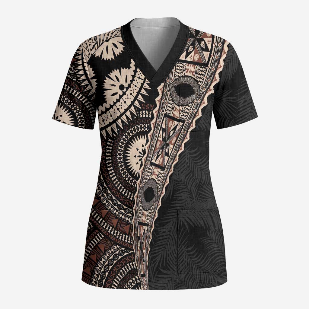 Fiji Traditional Masi Scrub Top Tapa Art Palm Leaves Pattern - Polynesian Pride